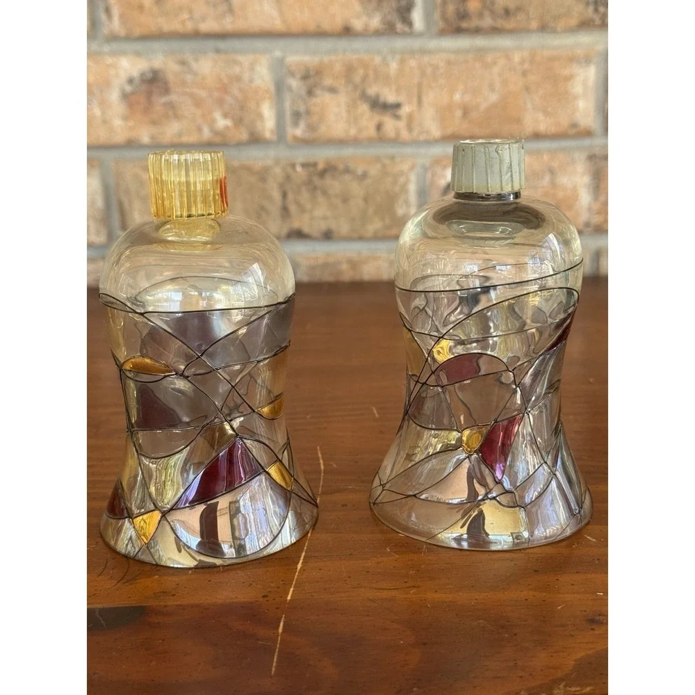 Vintage Stained Glass Votive Cups Pair Amber Red Art Glass Mid Century Style